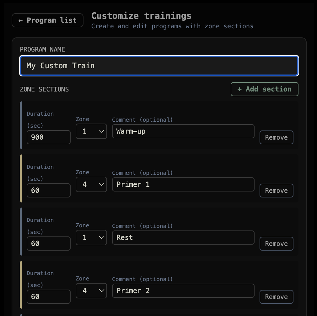 RitmoSync custom workout builder with zone sections and interval notes